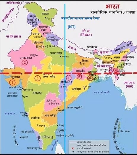 भारत के राज्यों से होकर कर्क रेखा और भारतीय मानक समय (IST)